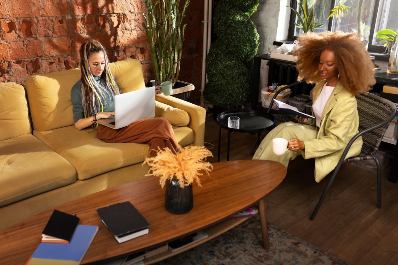 Modern office workspace with financial charts and presentation materials